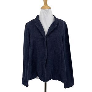 Eileen Fisher Blazer Womens Medium Navy Cotton Linen Blend Tweed Snap Buttons